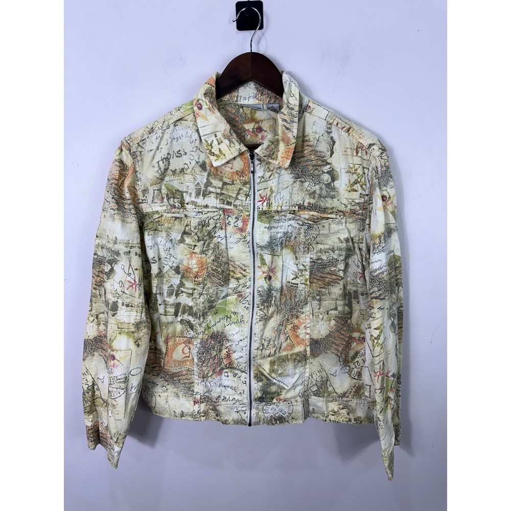 Chico's Zip Up Jacket Womens 2 Large Cream Linen Blend Postcard Script Print Vtg